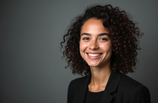 Young happy woman smiles brightly at camera. Wears black business blazer. Professional portrait of diverse female worker in studio on grey background. Pretty girl looks confident, successful,