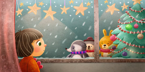 Child enjoys cozy holiday lifestyle watching cute animal toys by decorated Christmas tree through snowy window with star lights glowing warmly