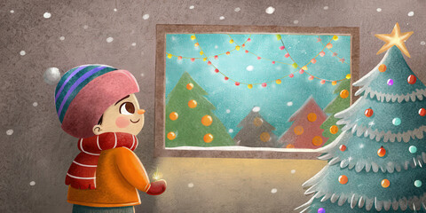 Joyful child in winter clothes admires decorated Christmas tree by window during cozy holiday lifestyle scene with snow falling outside