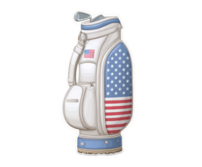A white and blue golf bag decorated with the american flag, isolated on transparent background