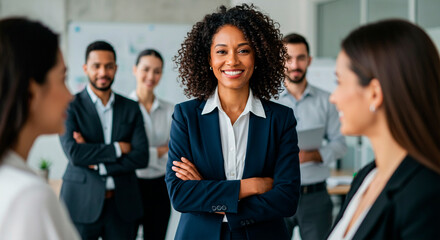 Smiling and confident business leader, arms crossed, diverse corporate team in background