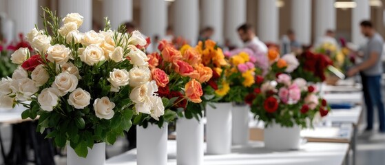 Colorful display of roses showcased at a flower exhibition in a spacious hall during a spring event
