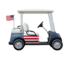 A patriotic golf cart decorated with the american flag, stars, and stripes, isolated on a transparent background, perfect for holiday celebrations or themed events