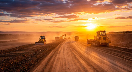 Fototapeta premium Heavy machinery, bulldozers, and trucks on a dusty dirt road construction site, infrastructure building at sunset