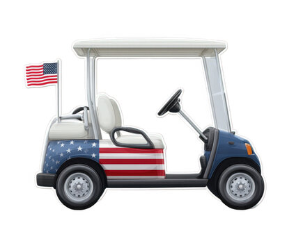 A patriotic golf cart decorated with the american flag, stars, and stripes, isolated on a transparent background, perfect for holiday celebrations or themed events