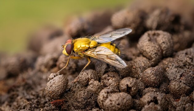 yellow golden dung fly scathophaga stercoraria resting on sheep dung