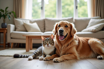Best Friends Forever: Golden Retriever and Tabby Cat Relaxing Together Indoors
