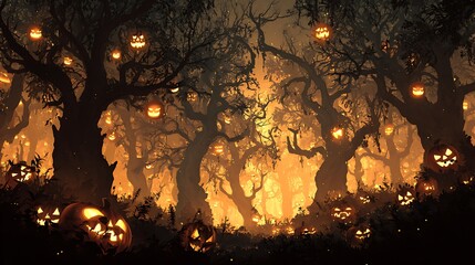 A horror themed woodland ghostly silhouettes glowing warped trees pumpkins glowing faint cinematic style