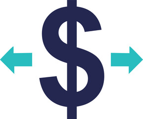 Dark blue dollar sign with teal arrows pointing left and right money finance