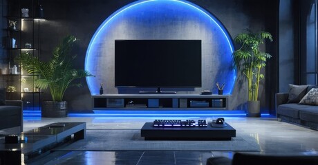 Modern living room features dark walls, glowing blue arch, large television. Plants add life, sleek furniture completes space.
