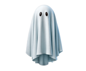 A cute, friendly ghost costume made from a light blue sheet, with two black button eyes, isolated on a transparent background, perfect for halloween or playful spooky themes