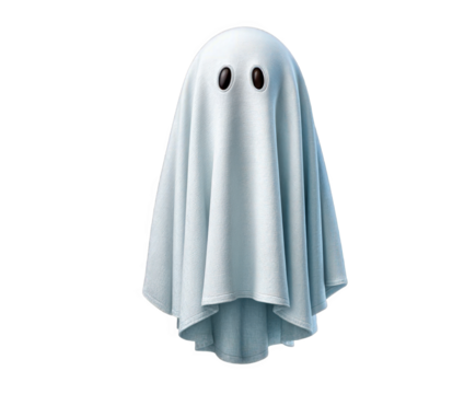 A cute, friendly ghost costume made from a light blue sheet, with two black button eyes, isolated on a transparent background, perfect for halloween or playful spooky themes
