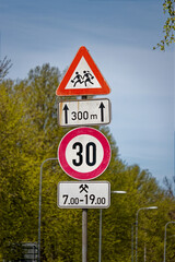 European School Zone Traffic Signs with 30 kmh Limit on Weekdays 7–19 in 300m