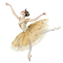 Naklejka premium Watercolor ballerina in golden tutu performing ballet isolated on a transparent background