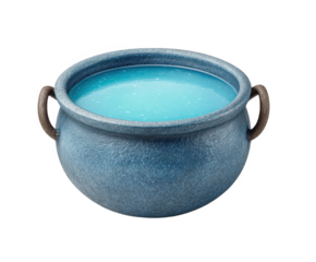 A blue cauldron filled with a shimmering turquoise liquid, isolated on a transparent background, evoking a sense of magic and mystery