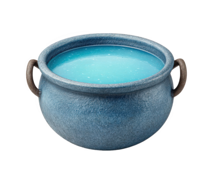 A blue cauldron filled with a shimmering turquoise liquid, isolated on a transparent background, evoking a sense of magic and mystery