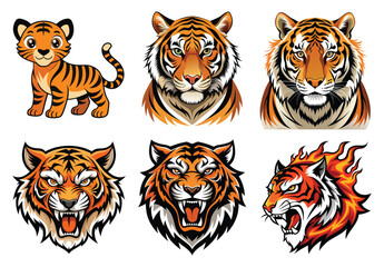 Set of vector tiger heads with stripes, featuring the face of the big wild cat predator