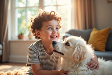 Golden Hour Love: Happy Boy Embracing His Golden Retriever Puppy Indoors