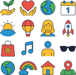 Shopping, fitness, and lifestyle icons including rocket, bag, dumbbell, puzzle, crown, light bulb, gift, and trophy. Perfect for e-commerce, sports, innovation, and motivation designs.
