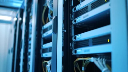 Server racks in a data center showing network cables and equipment. - Powered by Adobe