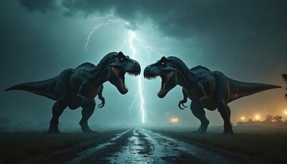 Two powerful T-Rex dinosaurs face each other on wet road. Bright lightning bolt strikes between giant creatures as heavy rain falls. Scene is dark, stormy, and intense with prehistoric beasts roaring.