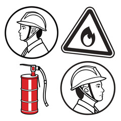 Set of safety icons including a firefighter helmet fire warning symbol and fire extinguisher for hazard prevention