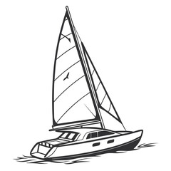 A sleek black and white illustration of a modern catamaran sailboat gliding across the water