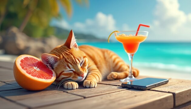 Ginger cat sleeps near grapefruit and orange cocktail on beach table. Phone lies next to sleepy pet. Blue ocean waves and tropical palms in background. Summer relaxation vibe.