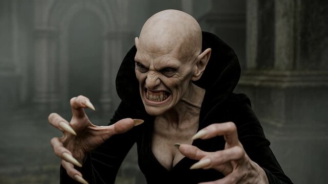 Vampire Woman in Black Nosferatu Dress Bald Close-Up Showing Fangs