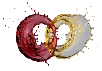 Dynamic ultra-macro shot of colliding deep ruby red and shimmering golden white wines on a transparent studio background with soft shadow, concept of powerful liquid collision