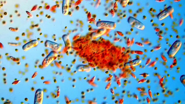 Pond water life under microscopy, Protozoa microorganism 