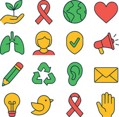 Colorful awareness and nature icons including ribbons, globe, heart, trees, and communication signs. Perfect for campaigns, social causes, environment, and health projects.