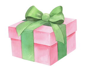Watercolor gift box with a silk ribbon. Watercolor illustration. For fabric, wallpaper, packing paper, greeting cards, design, decoration and illustration.