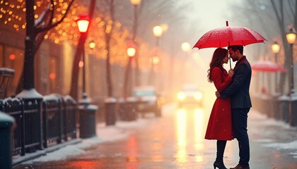 Young couple shares romantic embrace under red umbrella on snowy city street at night. Warm bokeh lights illuminate background. Intimate moment during cold winter weather creates cozy holiday spirit