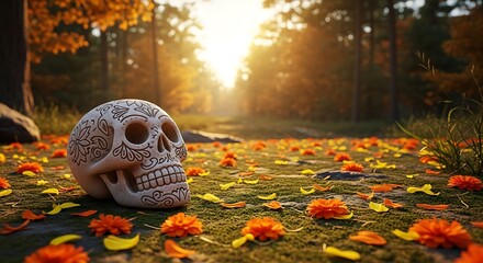 Day of the Dead sugar skull with marigolds and autumn leaves on forest ground, illuminated by golden hour light.