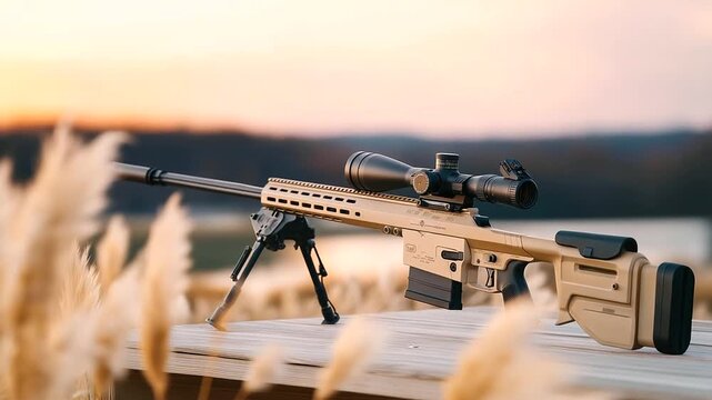 A shooter adjusts a bipod on a rifle at an outdoor range with grass swaying, targets at 100 yards, a wind gauge spinning, and a spotter calling adjustments, rendered in a precise photo with bipod le