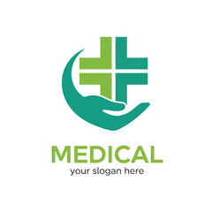 Fototapeta premium Medical logo template with green cross and hand