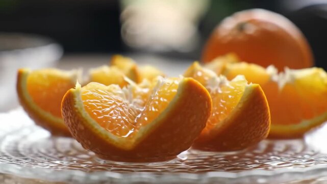 Close-up of sliced fresh oranges on a glass plate, healthy treat