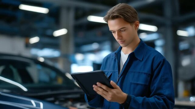 Close-up of a mechanic using diagnostic software on a tablet to troubleshoot engine issues represents technological innovation, integration of digital tools, and modern approaches to mechanical prob