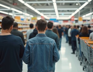Crowd of people standing in a long checkout line at a supermarket. Shoppers wait with shopping carts in the background. Busy grocery store with many customers. People queue to pay for their purchases.