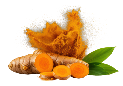 Extreme macro of a split turmeric root with glistening slices, emerald leaves, and erupting golden powder, on a transparent studio background with dramatic light. Concept of organic potency and