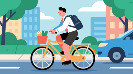 Fototapeta premium Man cycling to work, commuting in city with backpack, food basket, car, buildings.