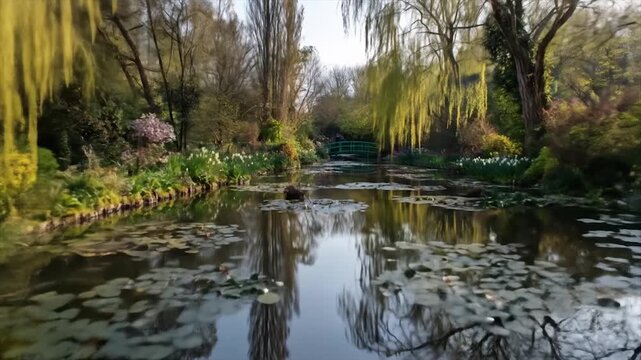 Serene pond scene with weeping willows and reflections on water surface