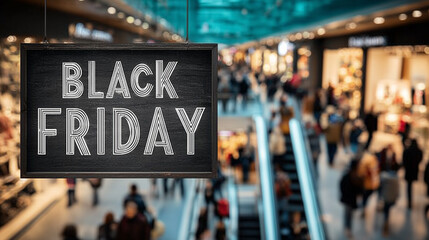 Prominent chalkboard sign announcing a significant annual retail sales event, positioned within a bustling shopping mall filled with blurred crowds of consumers searching for exclusive discounts 
