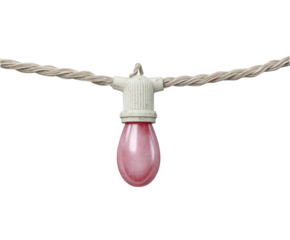 A single pink light bulb hanging from a braided cord, isolated on a transparent background, perfect for festive decorations and lighting design