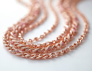 Rose gold necklaces with brilliant diamonds, pink gemstones shine brightly. Multiple luxury jewelry chains layered, displaying intricate metal work, polished gold, fine gems on pristine white studio