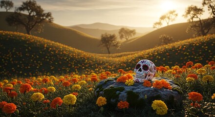 Decorated Sugar Skull in a Golden Marigold Field on Rolling Hills at Sunset, Evoking Day of Dead.