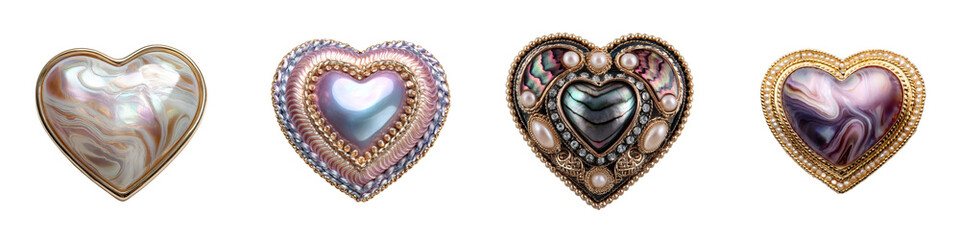 Colorful heart shaped gemstones adorned with intricate designs on transparent background