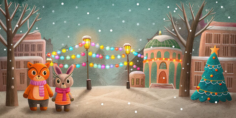 Christmas holiday lifestyle scene with cute animal characters wearing scarves near decorated tree and colorful lights in snowy town