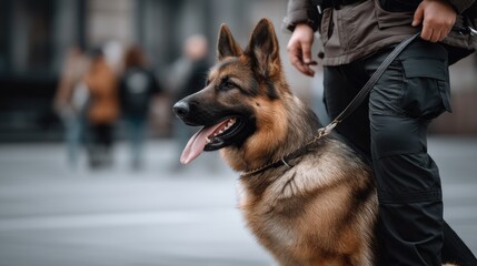 German shepherd stands proudly next to its handler in a busy urban environment on a sunny day